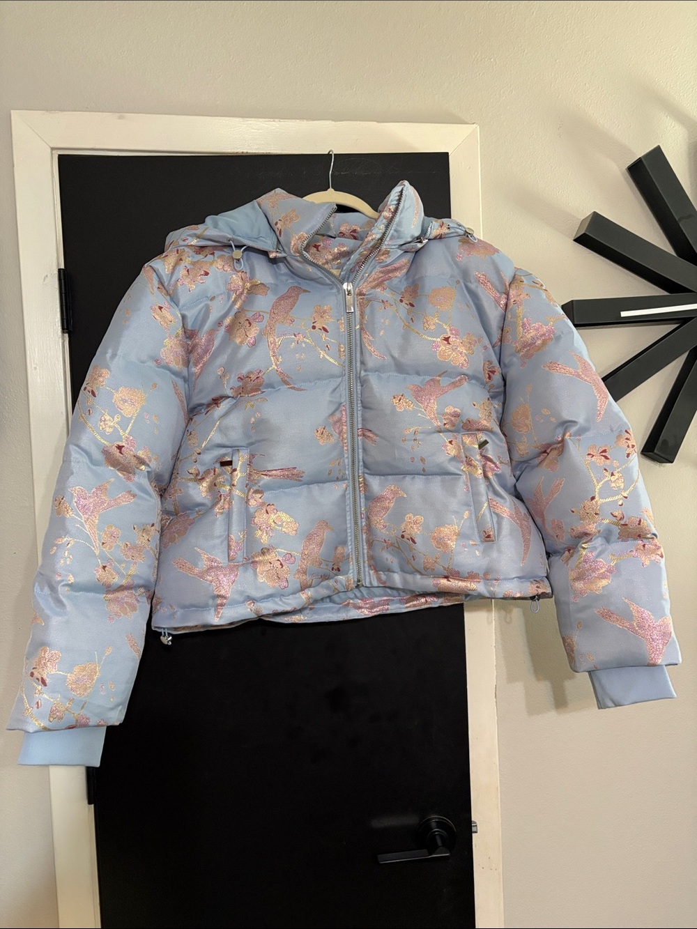 Akira Light Blue Metallic Floral Puffer Jacket with Hoodie, SZ 1x